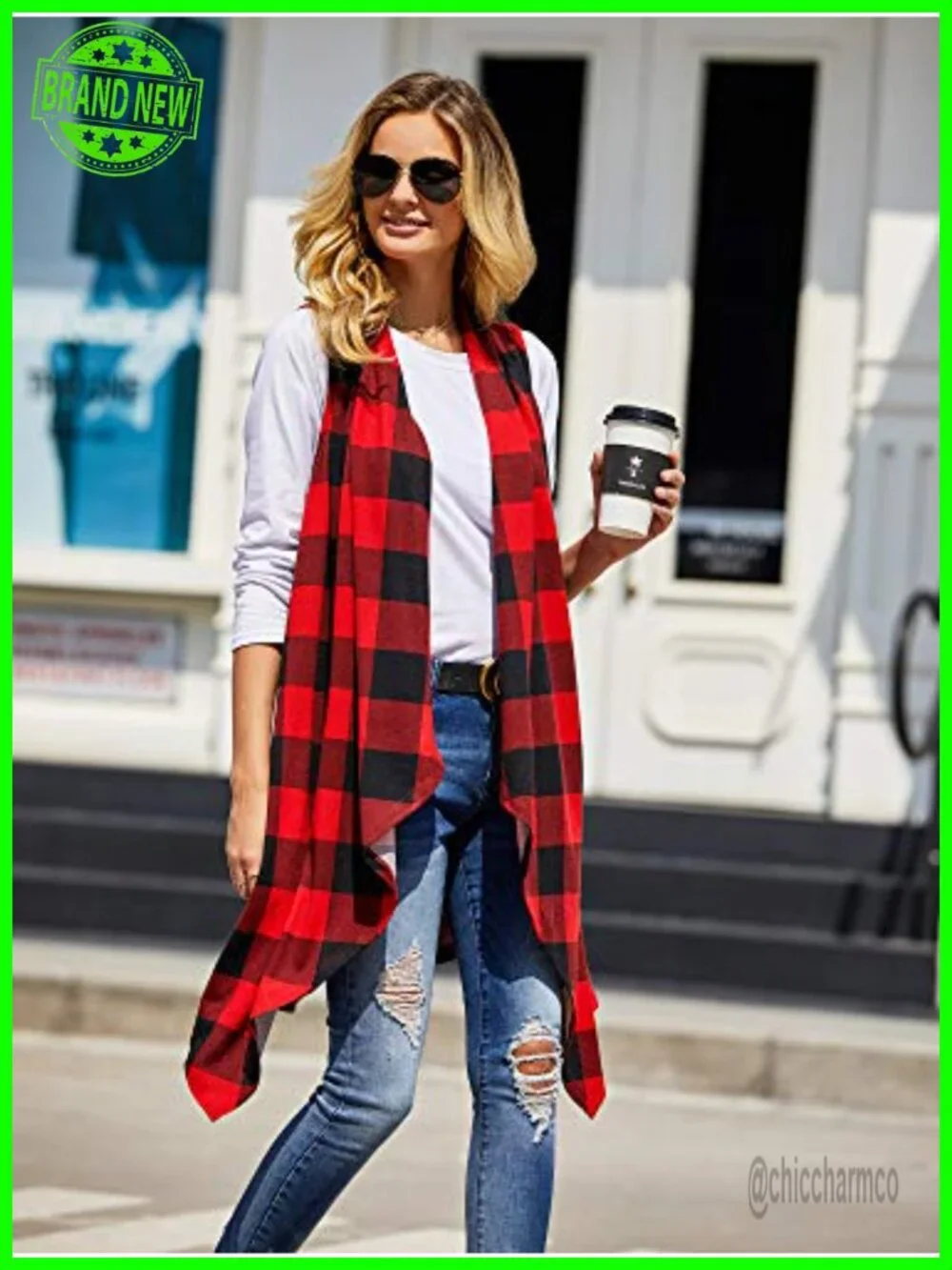 Sleeveless Duster Cardigan Plaid Open Front Vest Coat with Pockets Lightweight